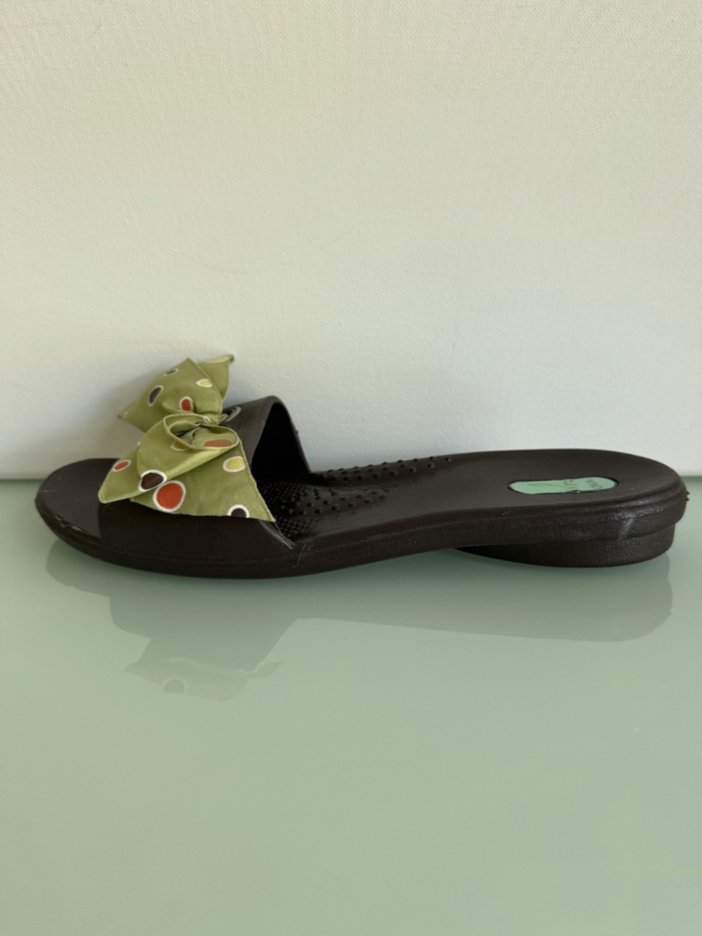Okabashi Brown Slide Sandals Green Bow Polka Dot Open Toe Slip On Size M - Picture 7 of 14